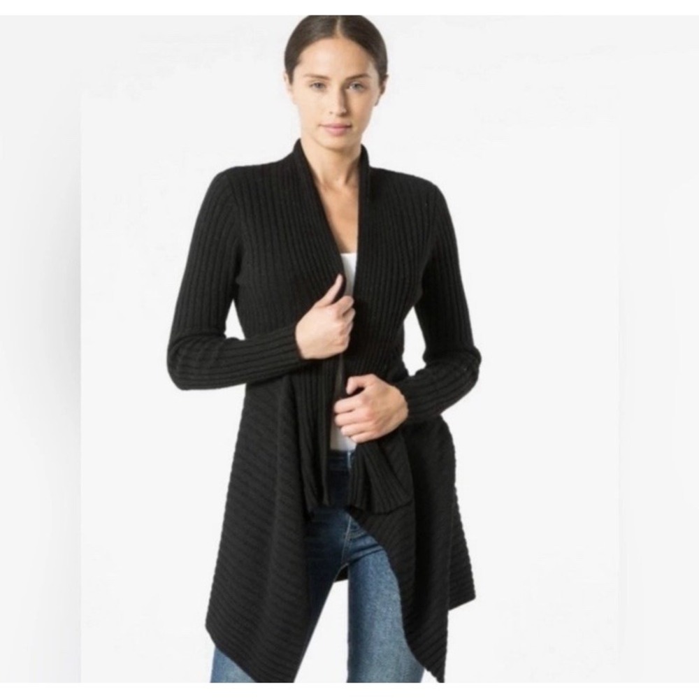 Autumn Cashmere Women's XS Black Ribbed Cashmere Merino Draped Wrap Cardigan